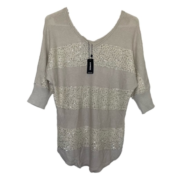 Express Sequined Sheer 3/4 Sleeve Knit Top XS Beige Cream V-Neckline - Picture 4 of 7